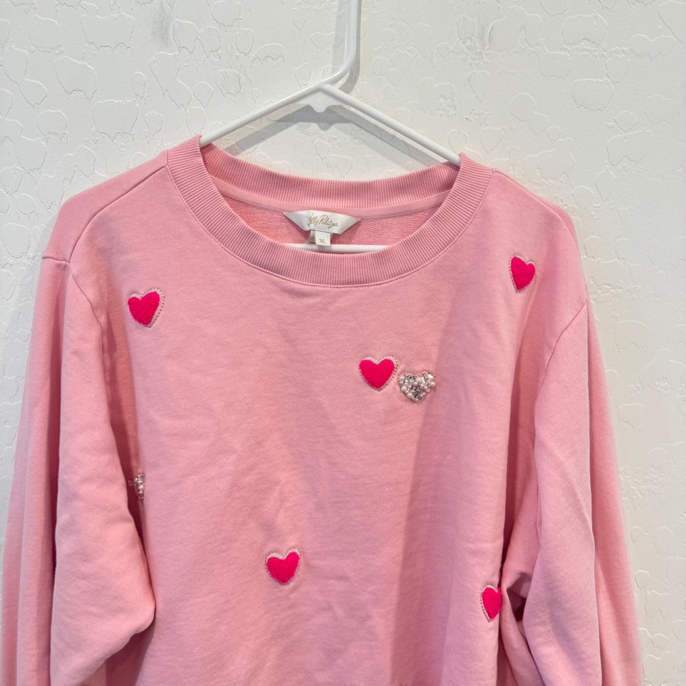 Lilly Pulitzer BALLAD Sweatshirt Pink Hearts Gem Hearts Womens XL Lounge - Picture 2 of 9